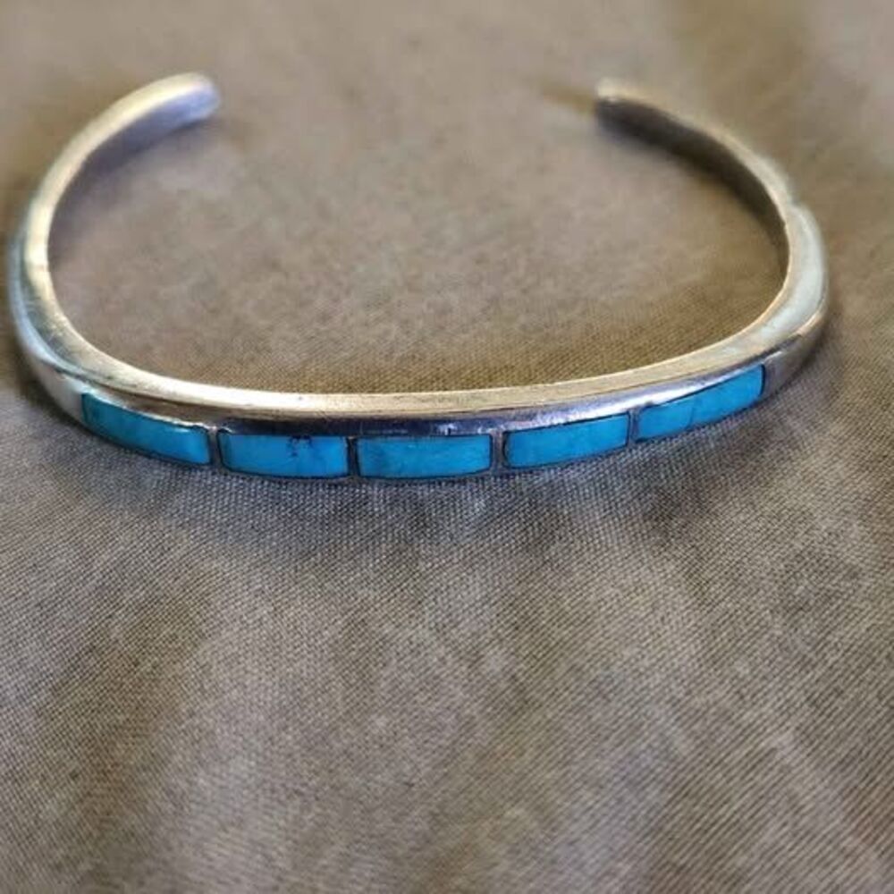 Vintage Sterling Silver Turquoise Inlay Child Cuff Bracelet 10.8g